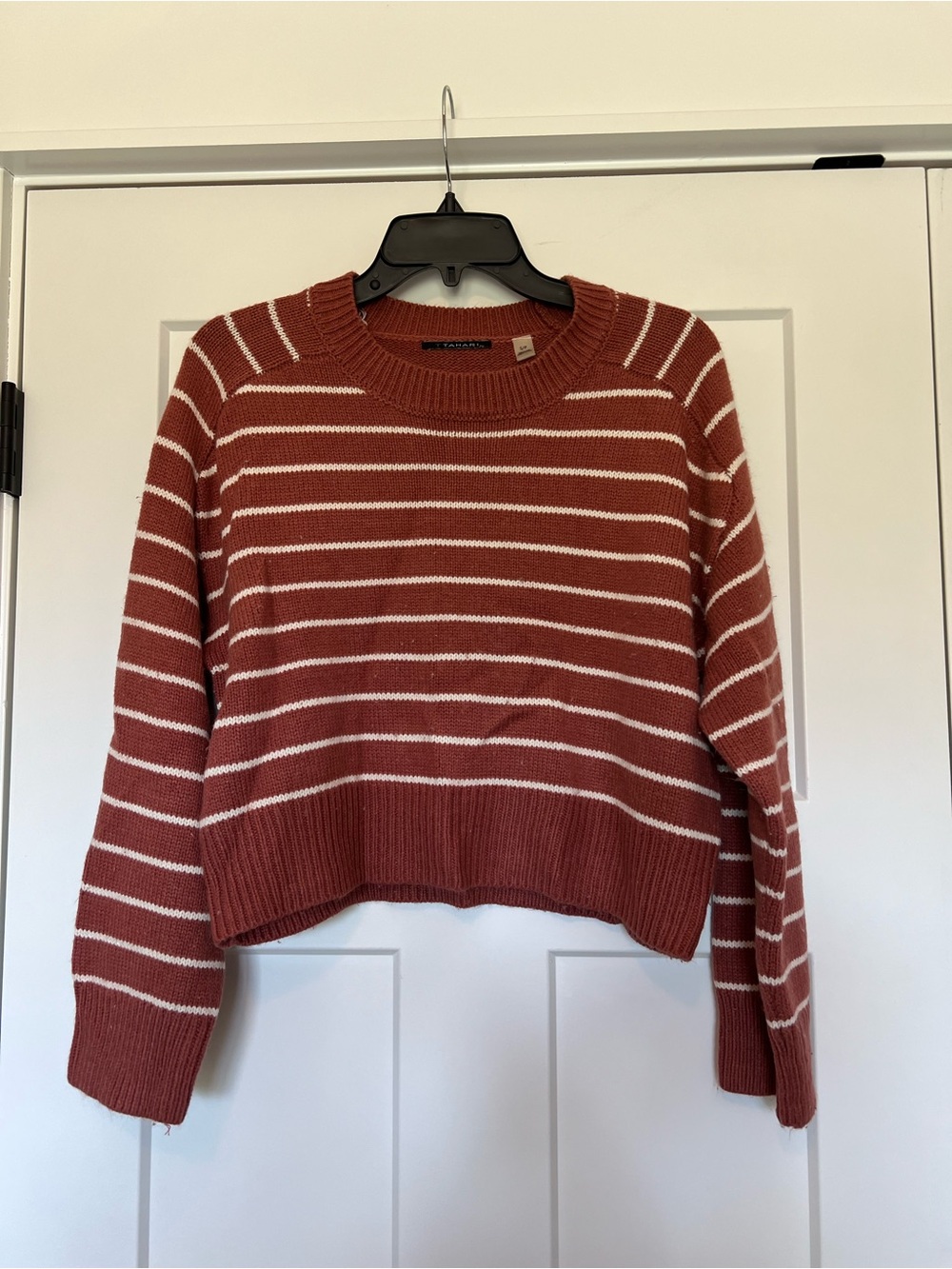 Tahari Rust and White Striped Crewneck Sweater